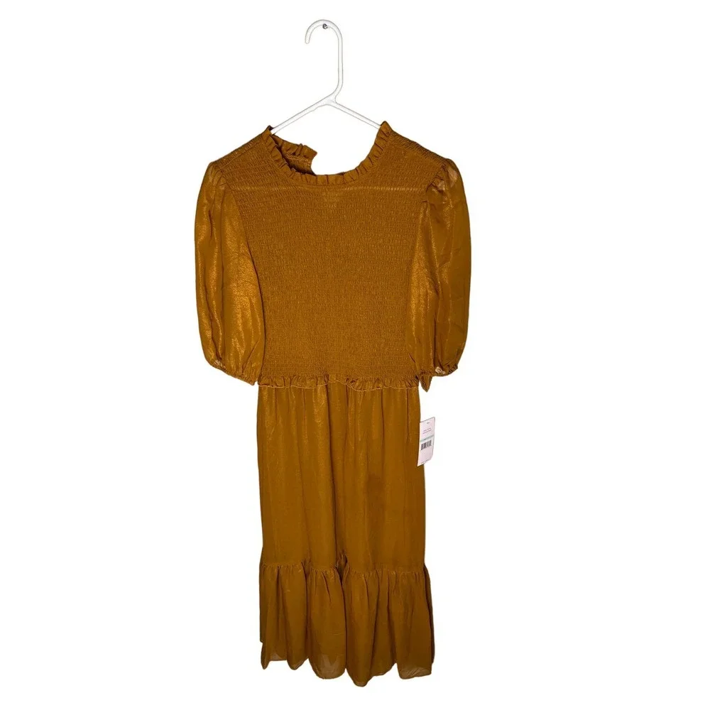 New NWT Nanette Lepore Women Puff Sleeve Dress Medieval Gold - Picture 2 of 6